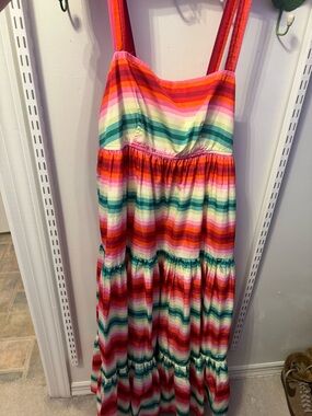 J. Crew Pink, Coral, Teal & White Striped Tiered Sundress